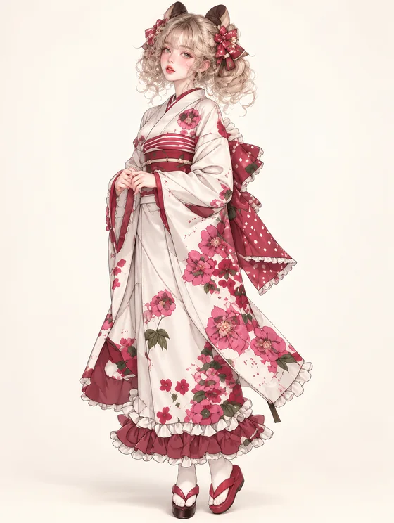 象牙紅紫花のラッフル着物の着用例