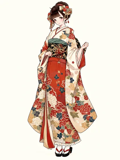 白椿と緋色の振袖の着用例