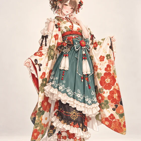 生成りと青緑帯の朱花着物の着用例