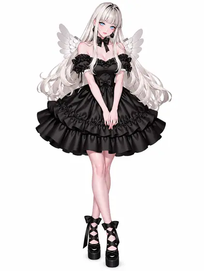 白翼と漆黒のラッフルロリータの着用例