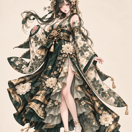 翡翠と白菊の揺れ袖着物ドレスの着用例