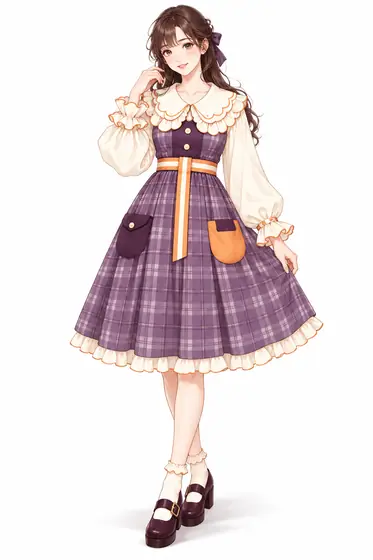 ラベンダーチェックのハロウィンピナフォアの着用例