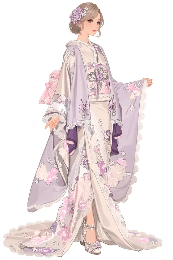 薄藤花レースの引き裾着物の着用例