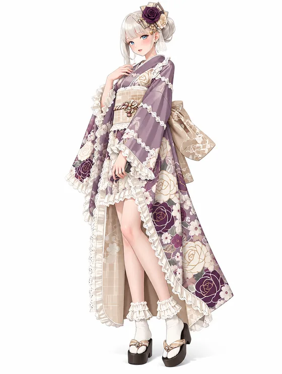 藤紫と葡萄薔薇のレース着物の着用例