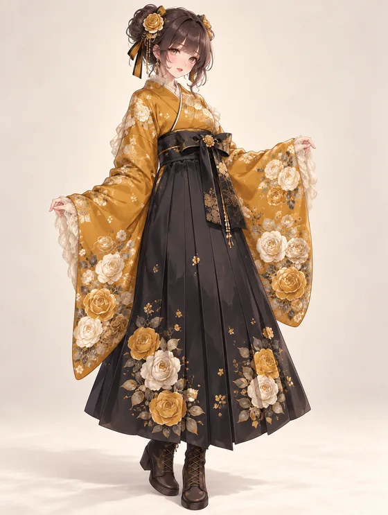 山吹金と墨黒薔薇の袴の着用例