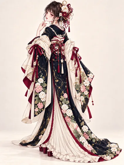 夜紺白紫陽花の儀礼着物ガウンの着用例