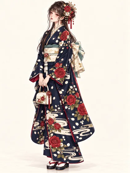 夜紺赤薔薇の振袖の着用例