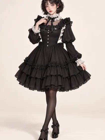 月夜のブラックラッフルドレスの着用例