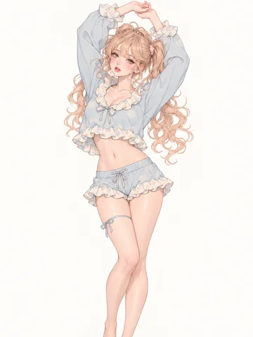 霧青フリルのくるみ巻きルームウェアのサンプルイラスト