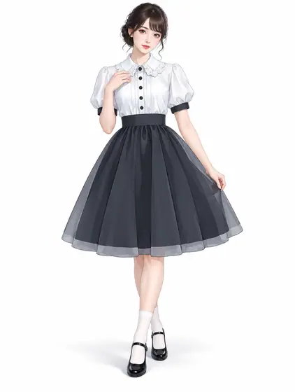 白黒レースのパフスリーブミディの着用例