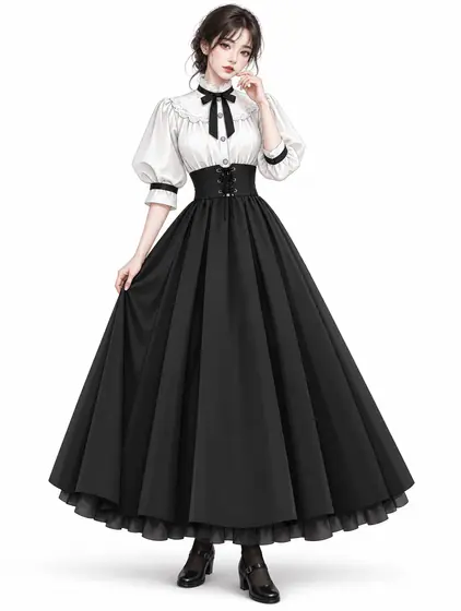 白襟ヴィクトリアンの黒コルセットドレスの着用例