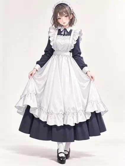 ネイビーのロングエプロンメイドの着用例