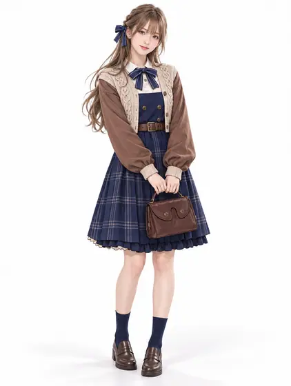 紺ニットとチェックのクラシカルドレスの着用例