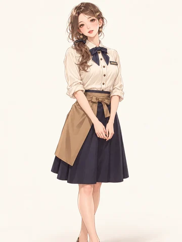 紺とキャメルのカフェ制服の着用例