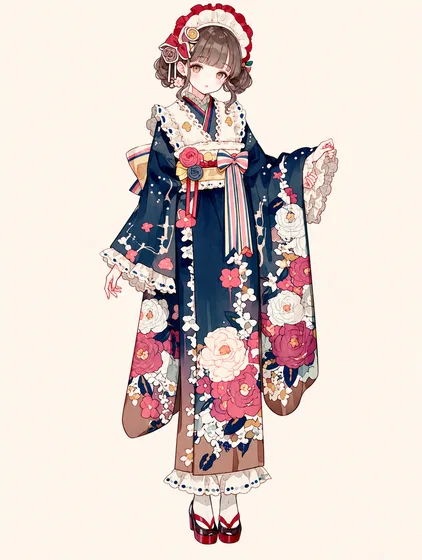 夜紺レースの花着物の着用例
