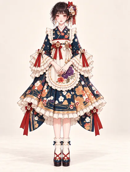 紺花エプロンの着物ロリータの着用例