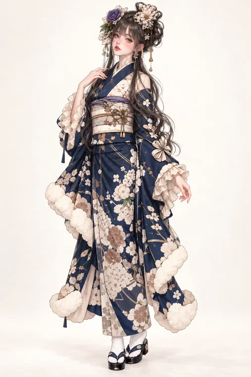 紺雪花のファー着物の着用例