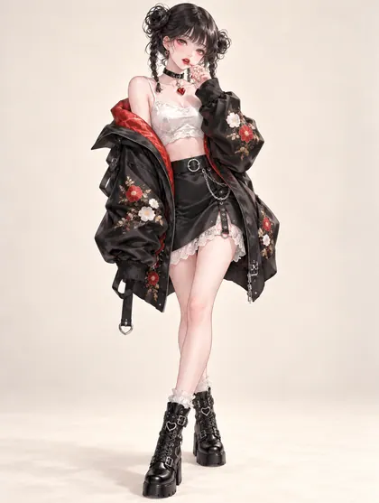 黒花ブルゾンと赤いハートの着用例