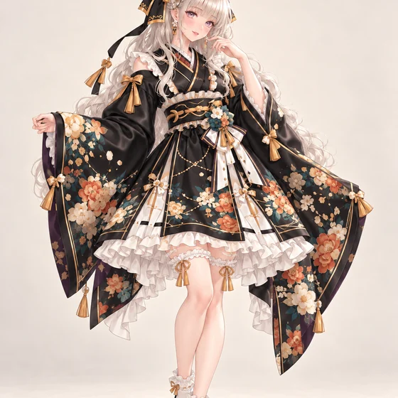 黒金と橙花の広袖ミニの着用例