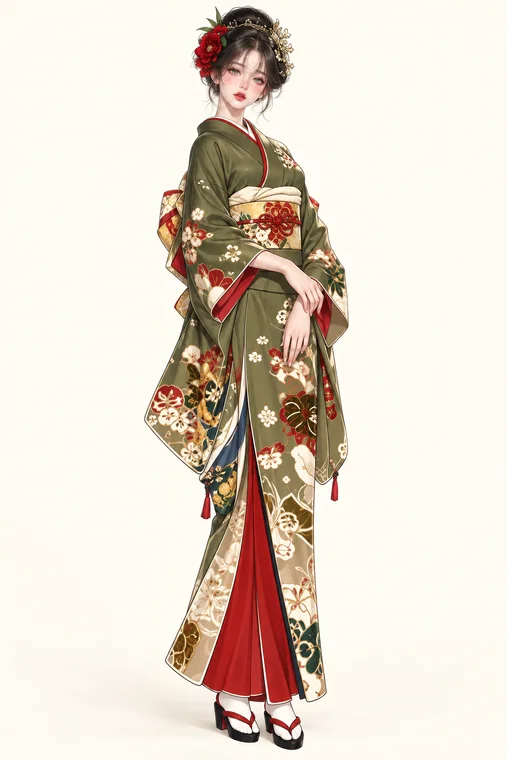 苔色椿の振袖の着用例