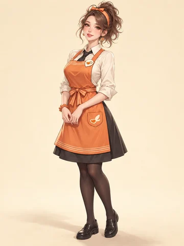 橙リボンのクイックサービス制服の着用例