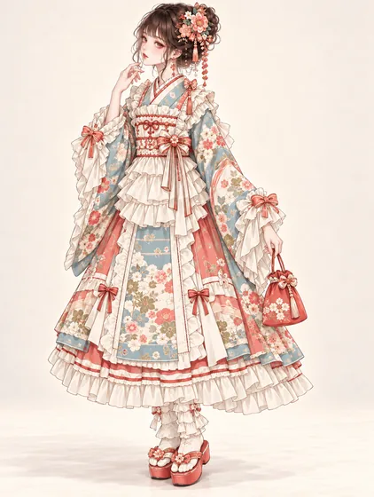 粉青珊瑚フリルの着物ドレスの着用例
