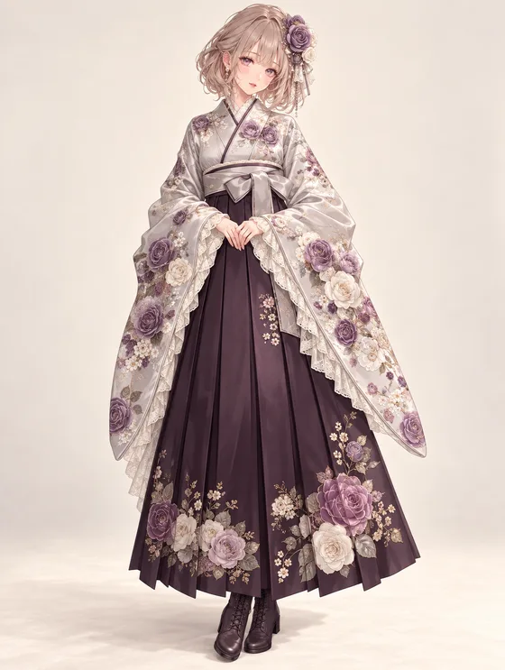 真珠灰とラベンダー薔薇の袴の着用例