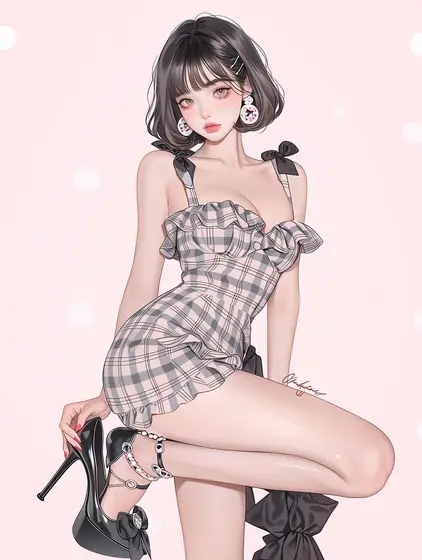 淡灰チェックのリボンストラップミニの着用例