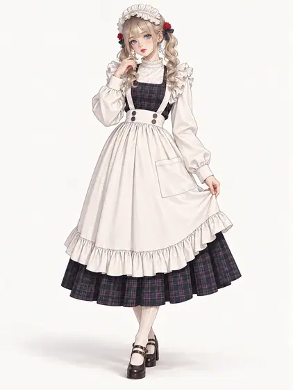 チェックビブのフリルメイドの着用例