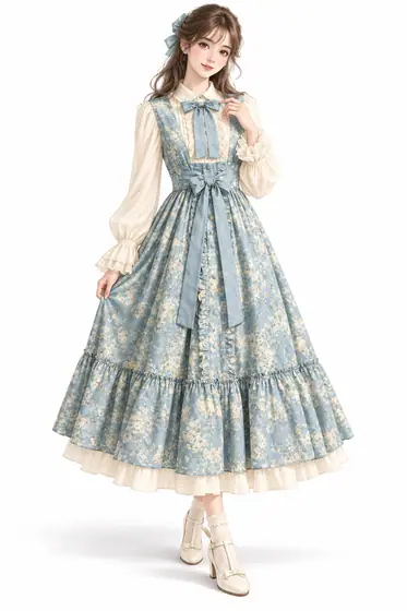 粉雪ブルーのフローラルピナフォアの着用例