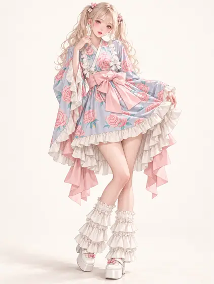 粉青薔薇のラッフルキモノの着用例