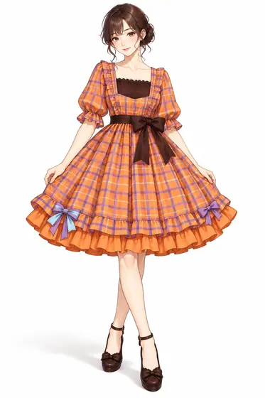 パンプキンチェックのリボンドレスの着用例