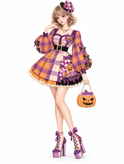 紫橙パッチワークのハロウィンミニの着用例