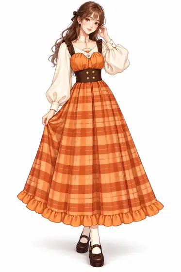 パンプキンチェックのピナフォアマキシの着用例