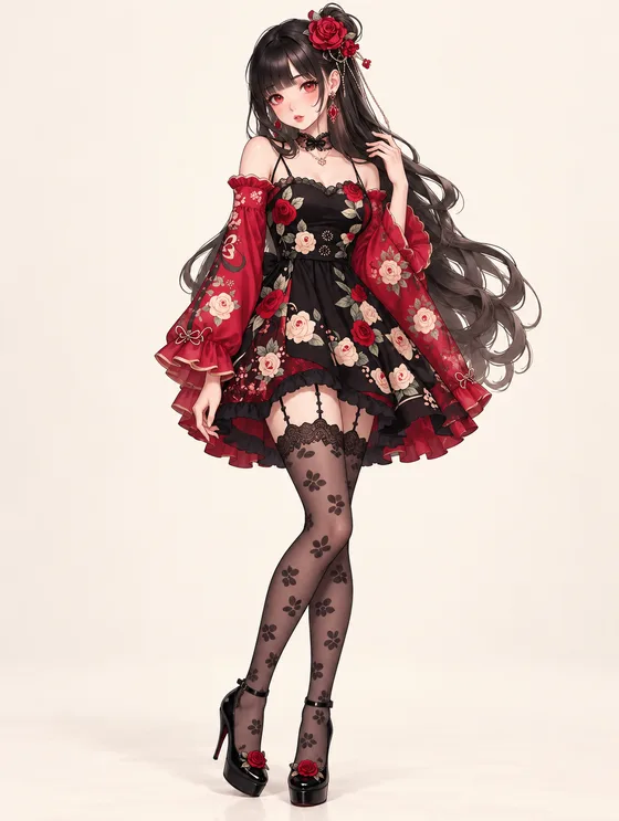 紅薔薇と黒レースのミニキモノの着用例