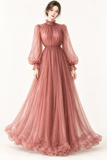 薄紅シフォンのロマンティックドレスの着用例