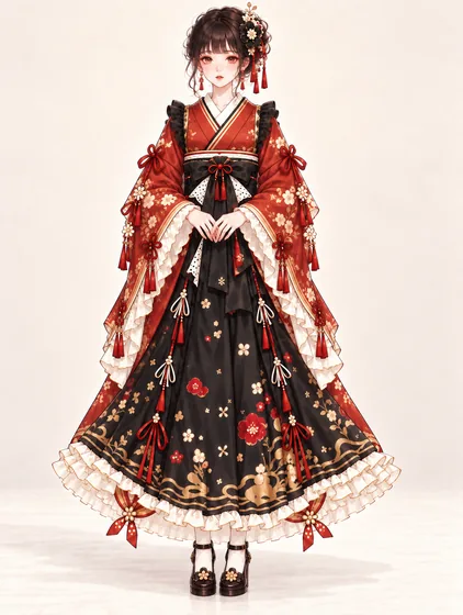 錆朱と黒花の袴ドレスの着用例