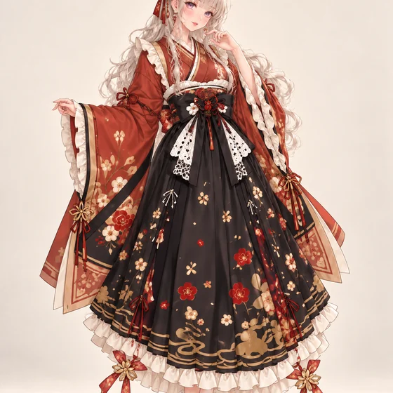 錆朱の広袖と黒花のロングドレスの着用例