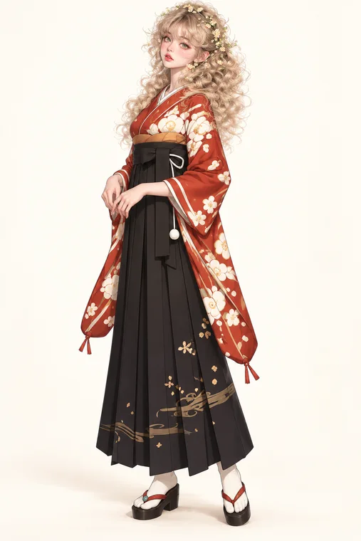 錆朱白花の黒袴の着用例