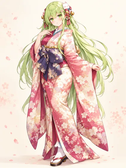 桜色と狐鈴の晴れ着の着用例