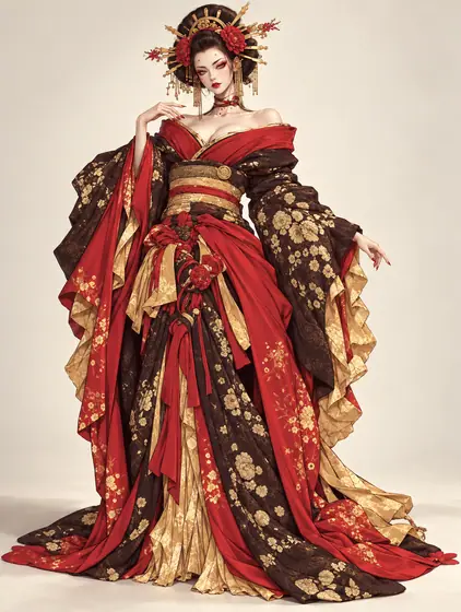 緋黒牡丹の花魁打掛の着用例
