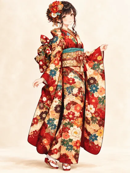 茜色のレトロ花振袖の着用例