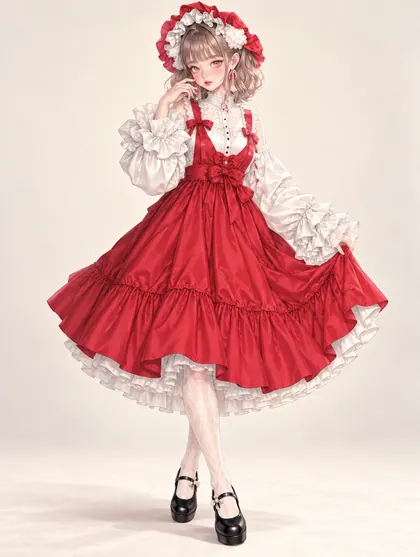 紅白フリルのボンネットドレスの着用例