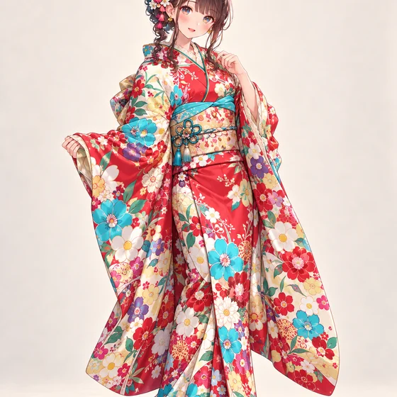 緋色と青花の祝祭振袖の着用例