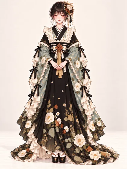 青磁黒薔薇の袴ドレスの着用例