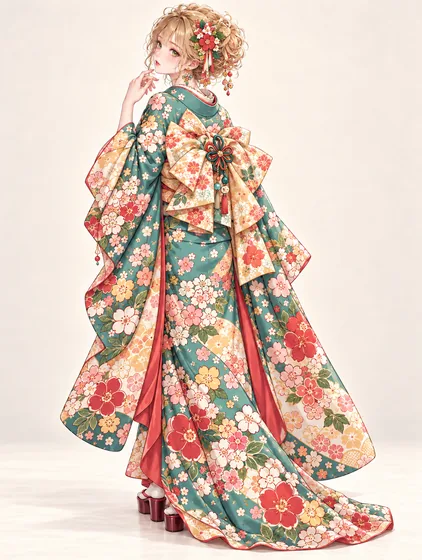 青磁珊瑚の春花振袖の着用例