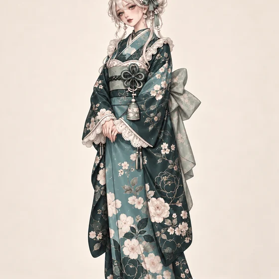 青磁白花のレースフリル着物の着用例