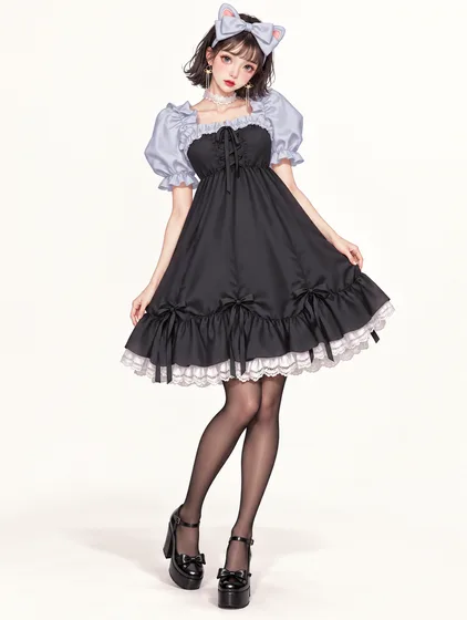 銀リボンのブラックドールドレスの着用例