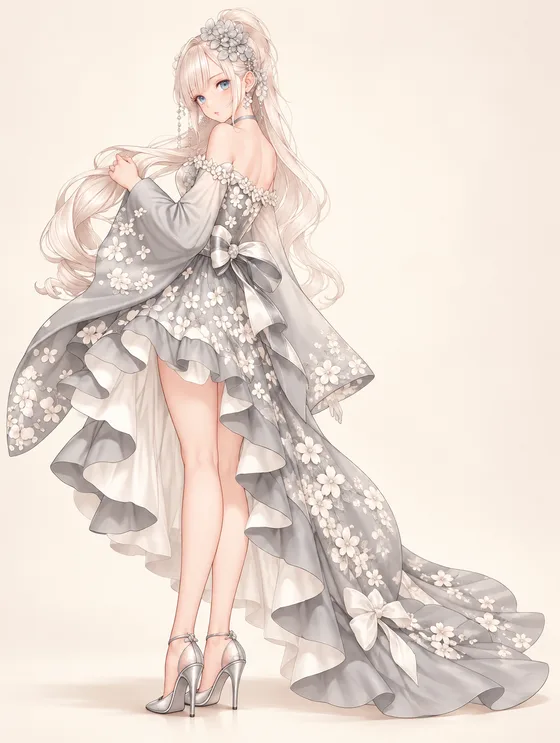 銀花の流れ袖ドレスの着用例