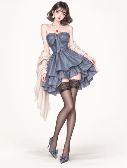 青灰リボンのカクテルドレスの着用例